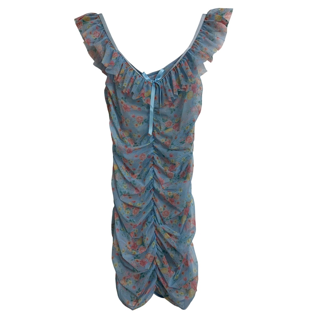 Floral Mesh Ruched‎ Mini Dress Blue Ruffle V-Neck Bodycon Size L